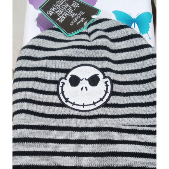 The Nightmare Before Christmas Jack Skellington Gray Striped Embroidered Beanie - Picture 1 of 5